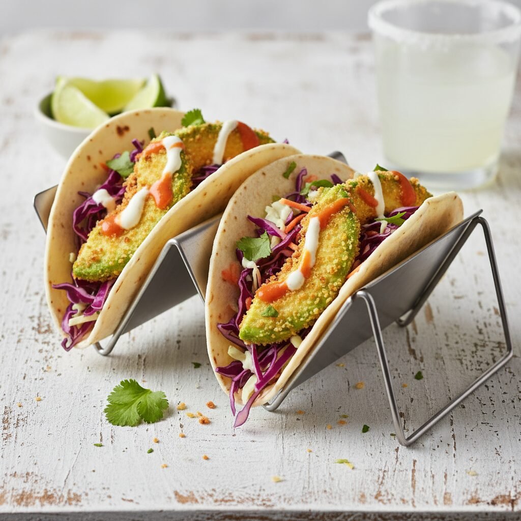 Crispy Air Fried Avocado Tacos with Creamy Lime Crema