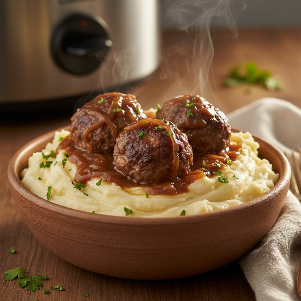 Melt-in-Your-Mouth Beefy Onion Crockpot Meatballs