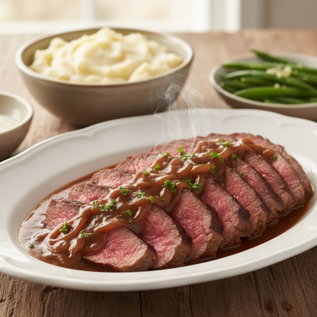 Melt-In-Your-Mouth Crockpot London Broil with Savory Gravy