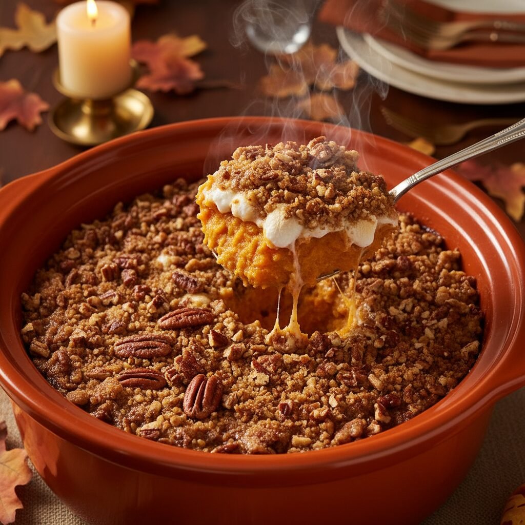 The Ultimate Crockpot Sweet Potato Casserole with Brown Sugar Pecan Crumble