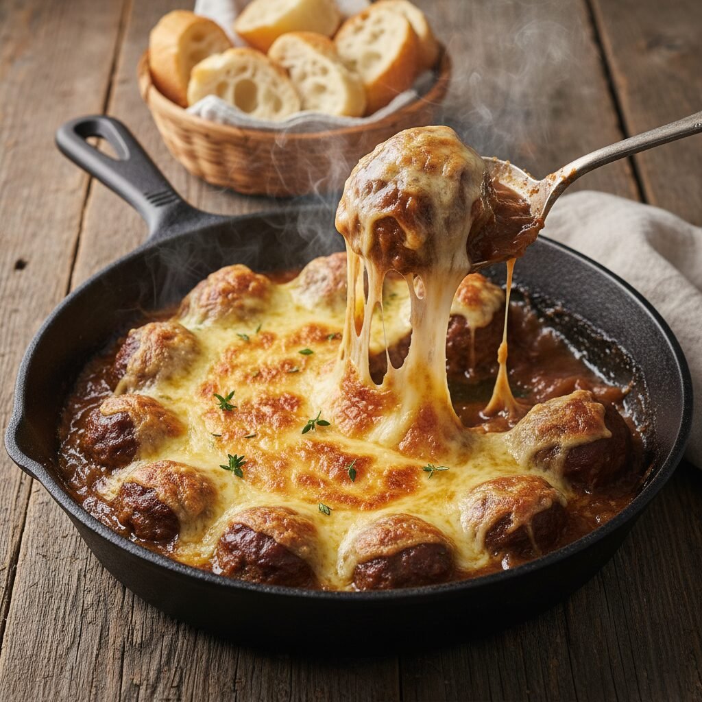 The Ultimate Cheesy French Onion Meatballs Skillet