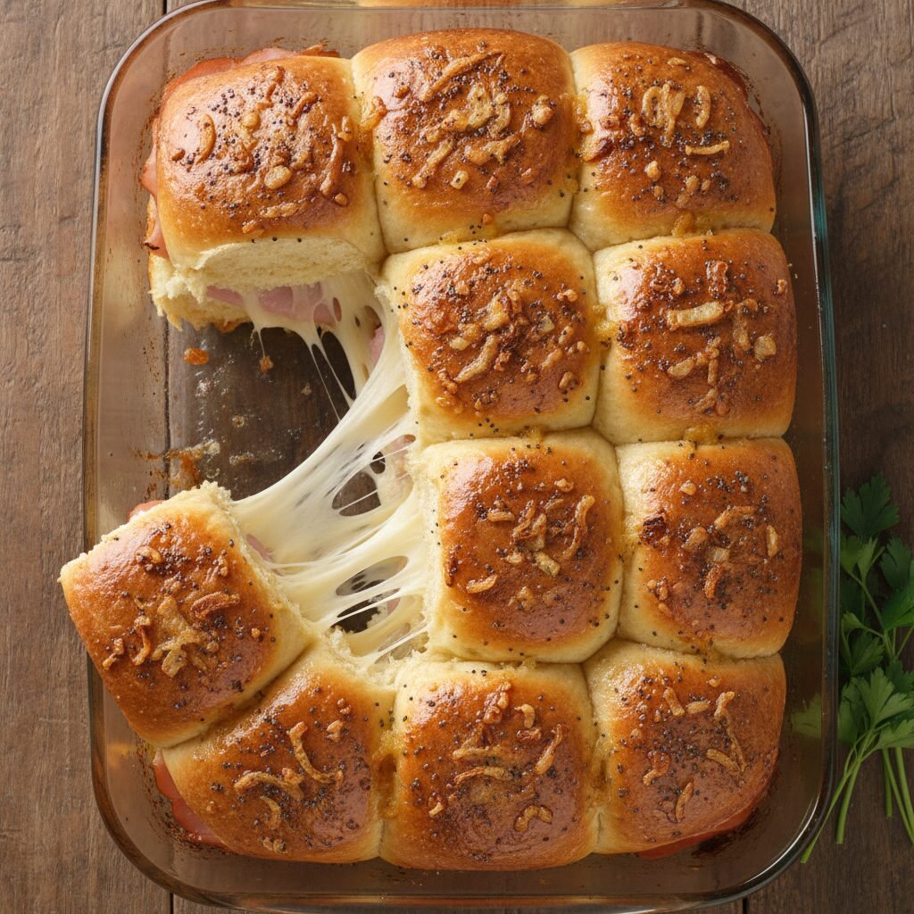 The Ultimate Gooey Hawaiian Ham and Cheese Sliders with Honey Poppy Seed Glaze