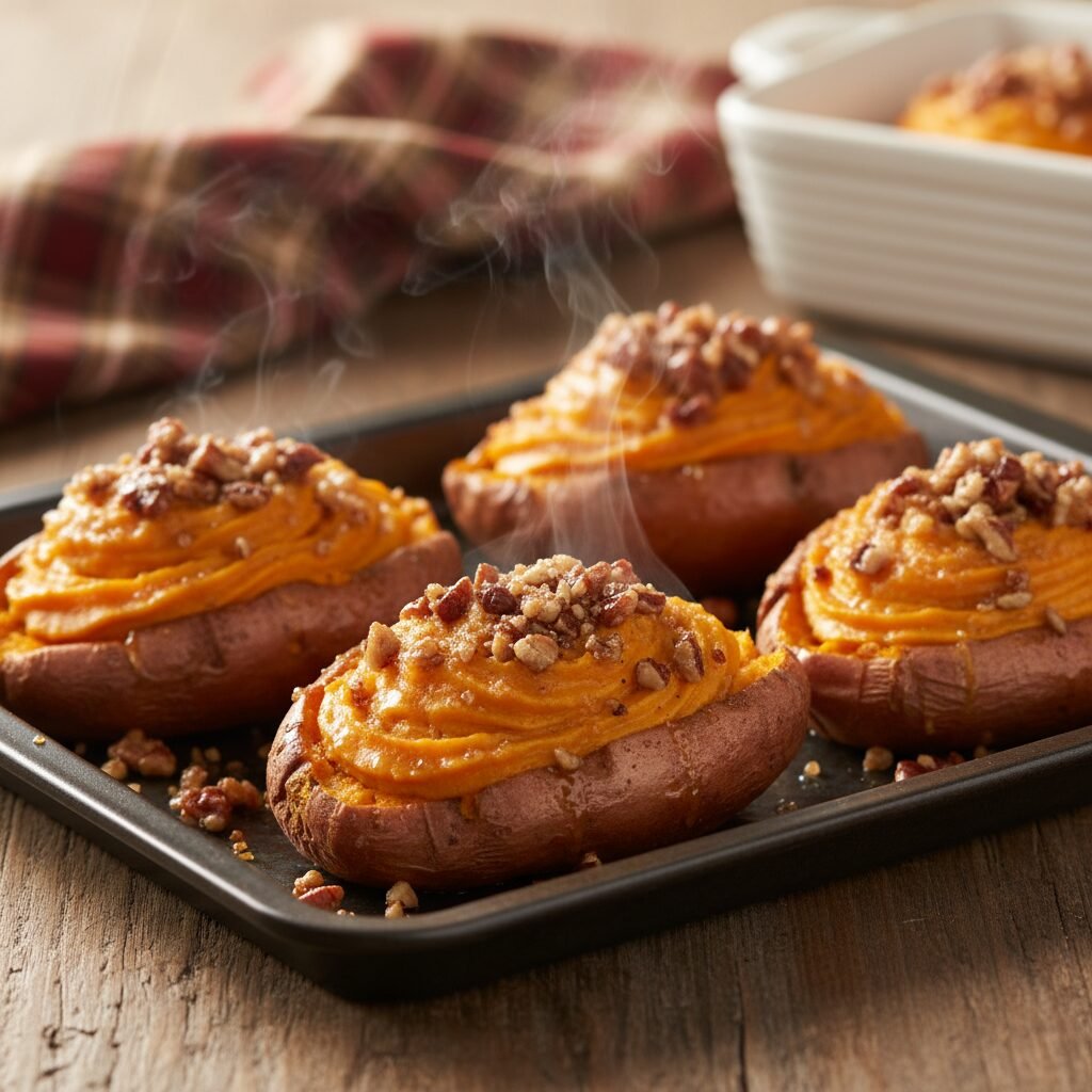 The Ultimate Creamy Twice Baked Sweet Potatoes with Pecan Crumble